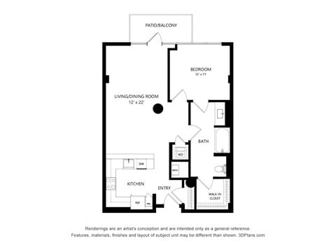 Floor plan for 1 bed, 1 bath, 855 sqft